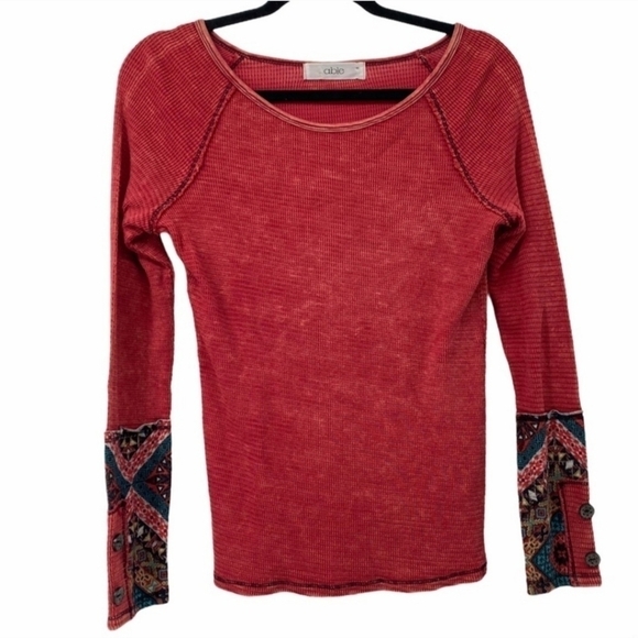 Able Garment Dye Printed Thermal Top USA Made Women's Medium M Rust Red Cute EUC - Picture 1 of 7